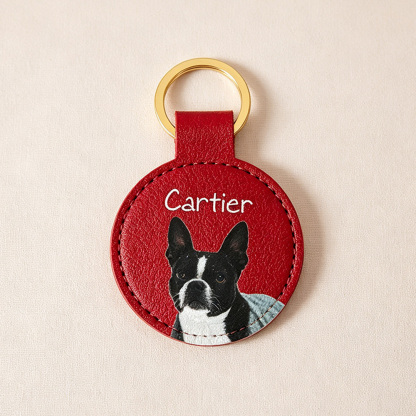 Personalized Pet Photo Leather Keychain – Custom Dog Portrait Key Ring with Name Engraving, 2” Round Gift for Pet Lovers