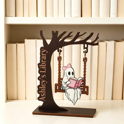 Personalized Ghost on Swing Bookend – Custom Name Tree, Halloween & Bookshelf Decor for Readers, Cozy Home Accent