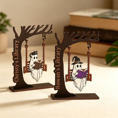 Personalized Ghost on Swing Bookend – Custom Name Tree, Halloween & Bookshelf Decor for Readers, Cozy Home Accent