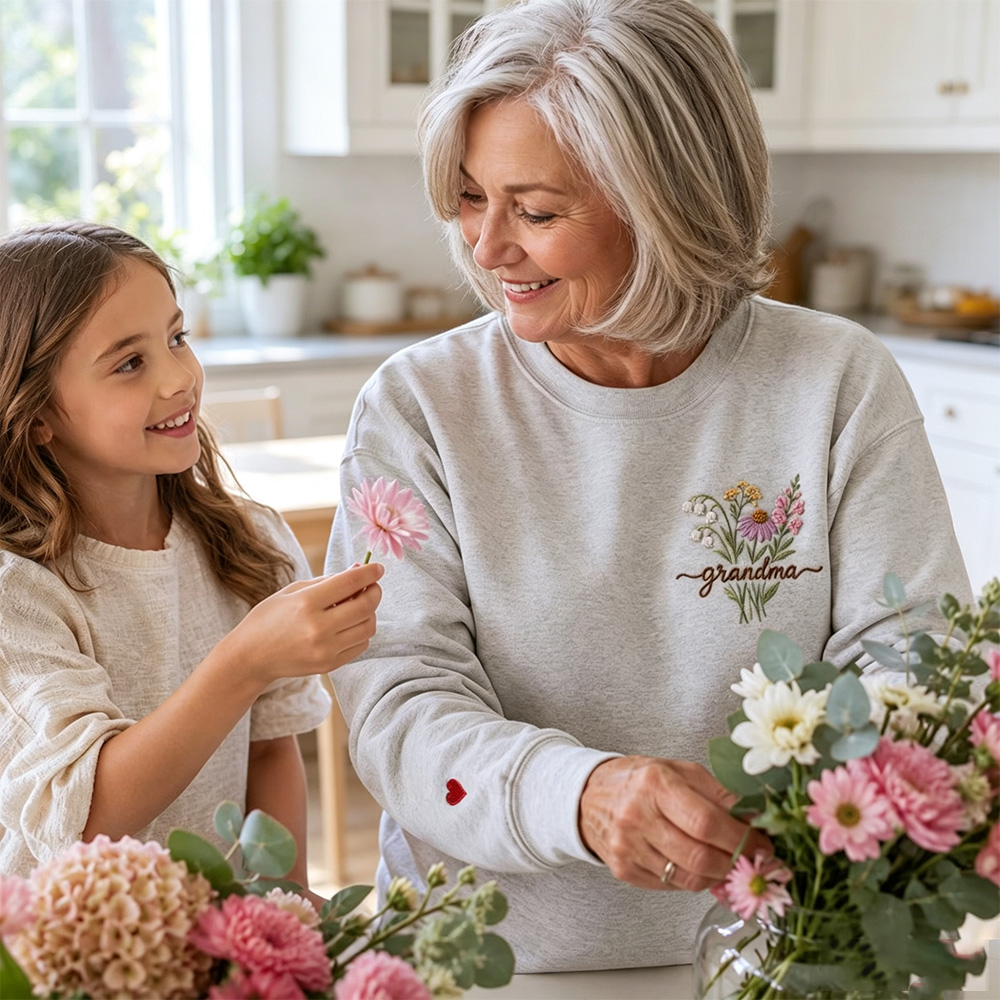 Personalized granny sweatshirt with floral embroidery - a soft pullover, a perfect gift for Mother's Day, birthdays, and Christmas for grandma, maternal grandma, and great-grandmother.