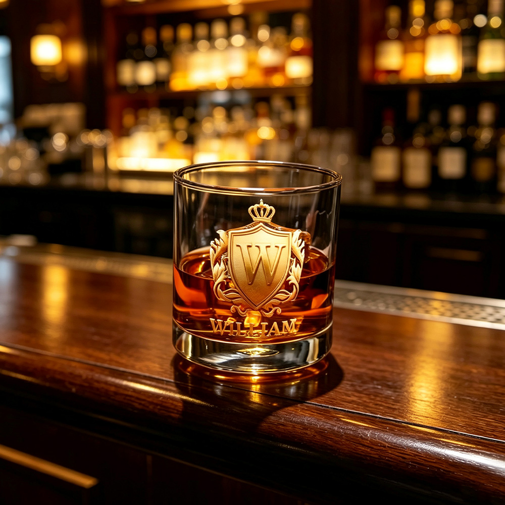 Personalized Initial Crest Whiskey Glass with Custom Name, 10 oz Old Fashioned Rocks Glass, Gift for Men