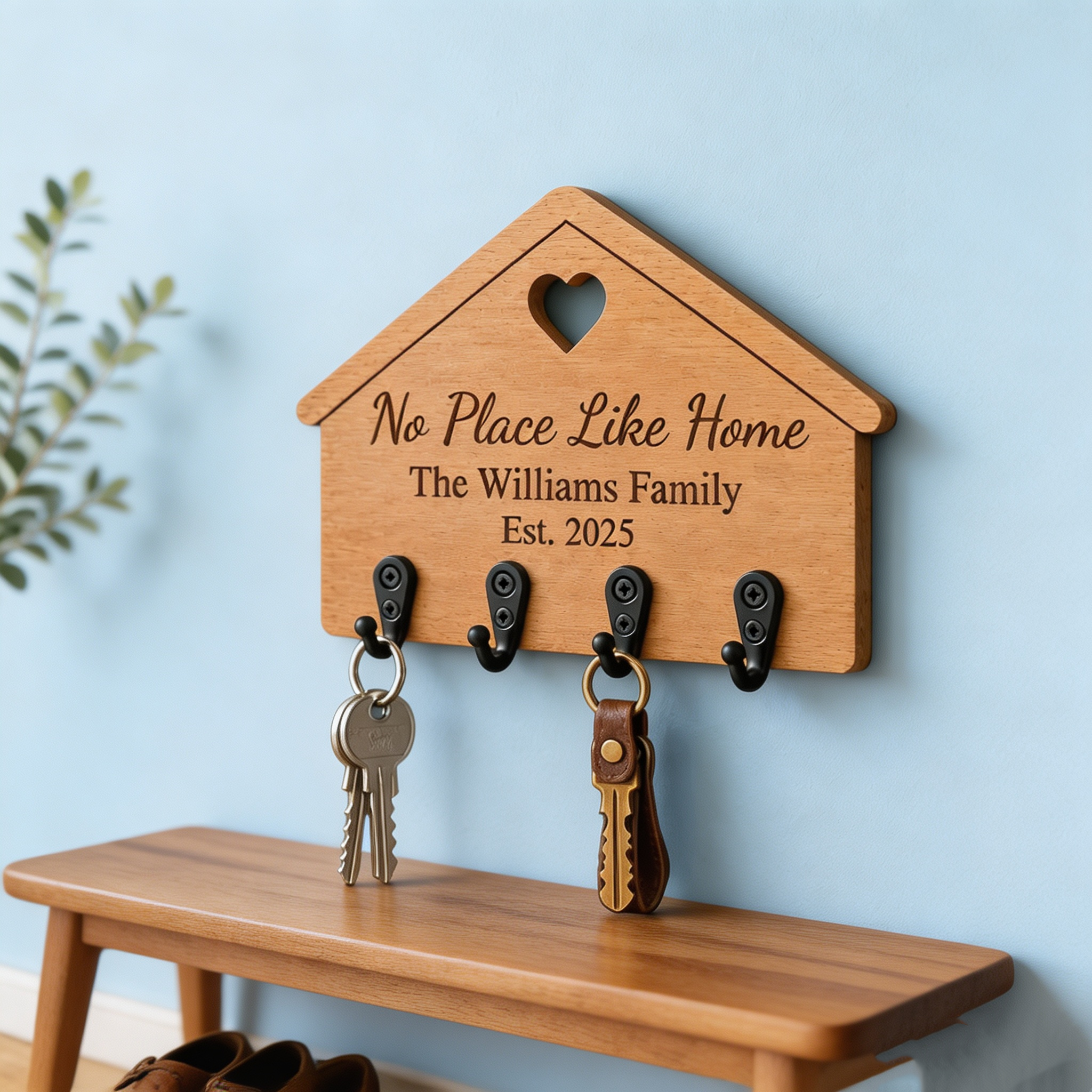 Personalized House-Shaped Wooden Key Holder – Custom Family Name Wall Mount Key Rack with Hooks, "Our Happy Place" Engraved Entryway Organizer Gift for New Home, Wedding & Housewarming