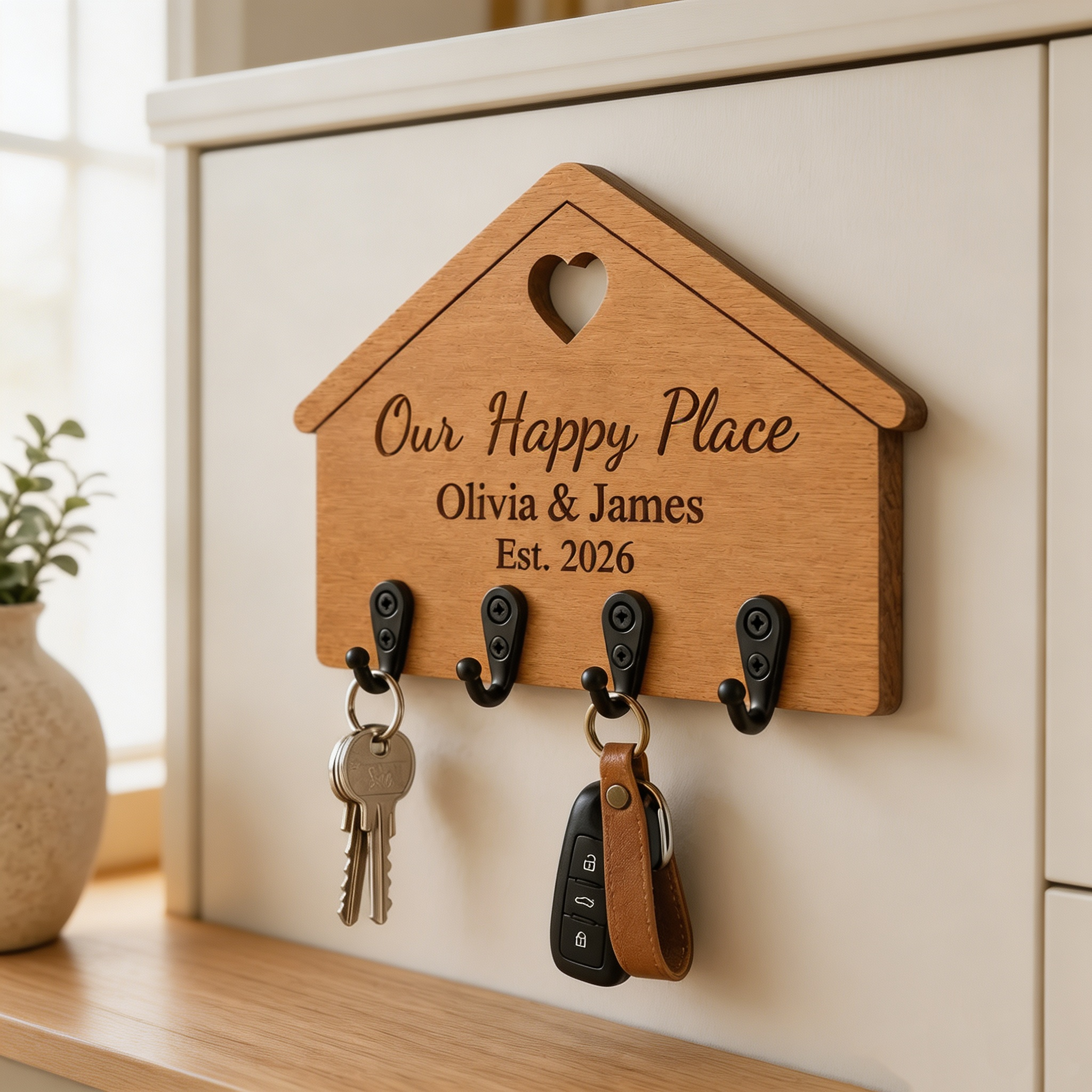 Personalized House-Shaped Wooden Key Holder – Custom Family Name Wall Mount Key Rack with Hooks, "Our Happy Place" Engraved Entryway Organizer Gift for New Home, Wedding & Housewarming