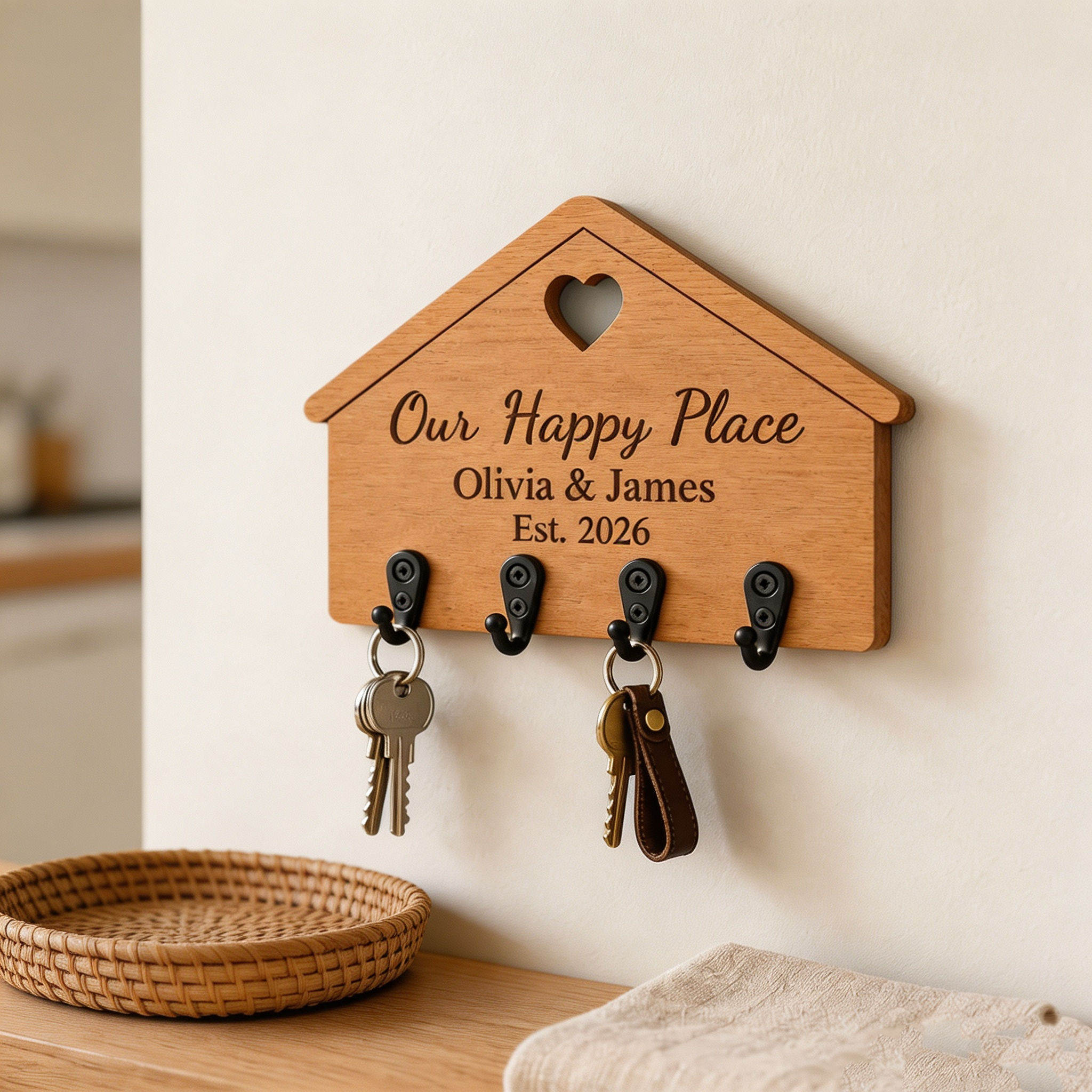 Personalized House-Shaped Wooden Key Holder – Custom Family Name Wall Mount Key Rack with Hooks, "Our Happy Place" Engraved Entryway Organizer Gift for New Home, Wedding & Housewarming