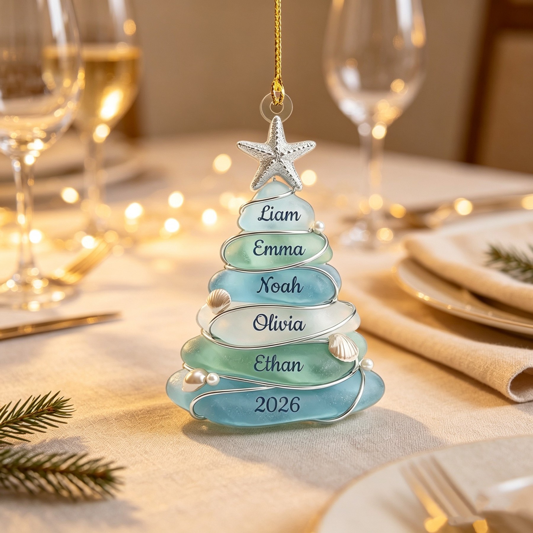 Personalized Sea Glass Christmas Tree Ornament, Custom Family Name Ornament, Coastal Beach Christmas Decor, Grandparents Gift, Up to 13 Names