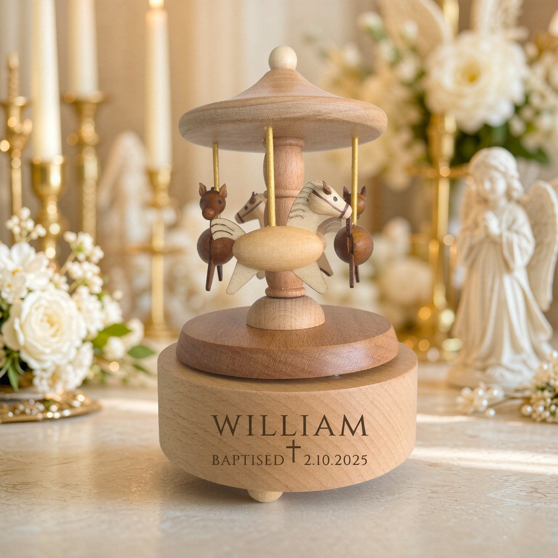 Personalized Baptism Music Box, Wooden Christening Gift for Baby, Engraved Keepsake Carousel, First Birthday Gift for Girl & Boy