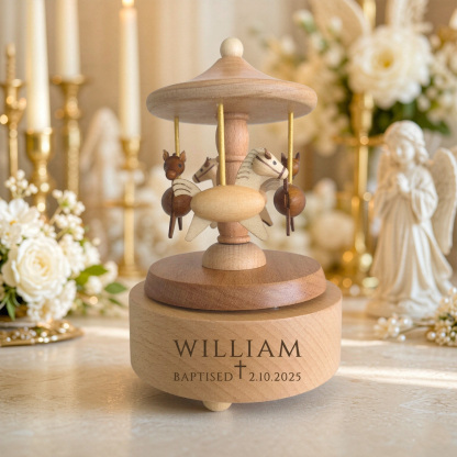 Personalized Baptism Music Box, Wooden Christening Gift for Baby, Engraved Keepsake Carousel, First Birthday Gift for Girl & Boy