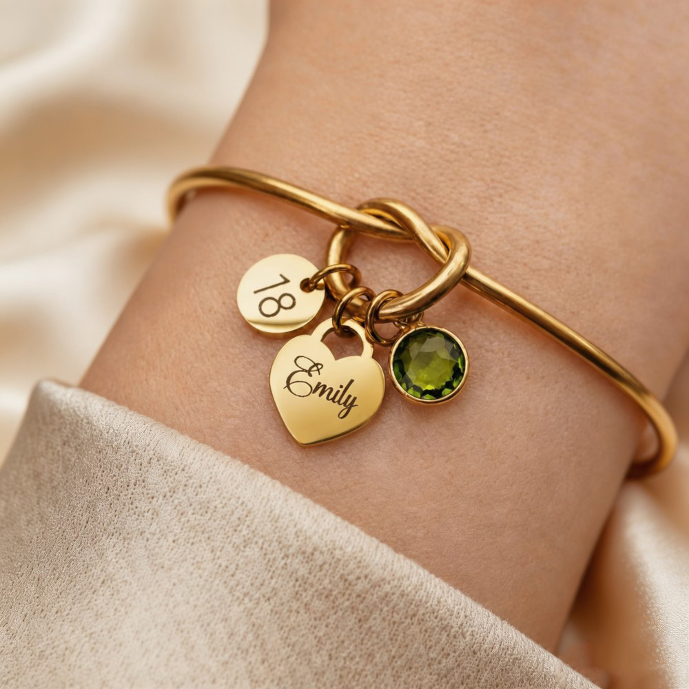 Personalized Birthstone Heart Bracelet, Custom Name Bracelet, Milestone Birthday Gift, Gold Knot Bangle Bracelet for Her, 13th 16th 18th 21st 30th Birthday