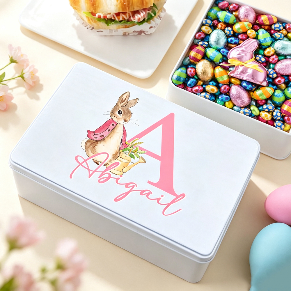 Personalised Watercolour Bunny Metal Biscuit Tin with Initial and Name, Easter Treat Box, Birthday Gift for Kids