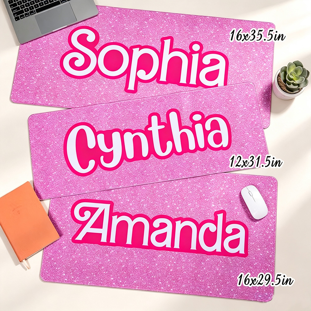 Personalised Pink Glitter Desk Mat with Name, Non-Slip Extended Mouse Pad, Office and Study Accessory Gift for Her