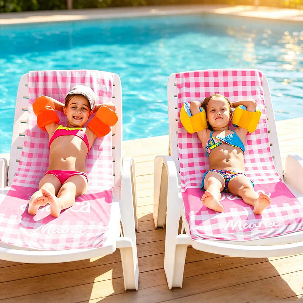 Personalized Oversized Gingham Beach Towel – Quick-Dry Microfiber Towel with Custom Name for Kids, Travel & Summer Fun
