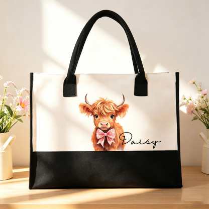 Personalized Floral Highland Cow Canvas Tote Bag – Large Travel Bag with Name Customisation, Birthday & Christmas Gift for Her