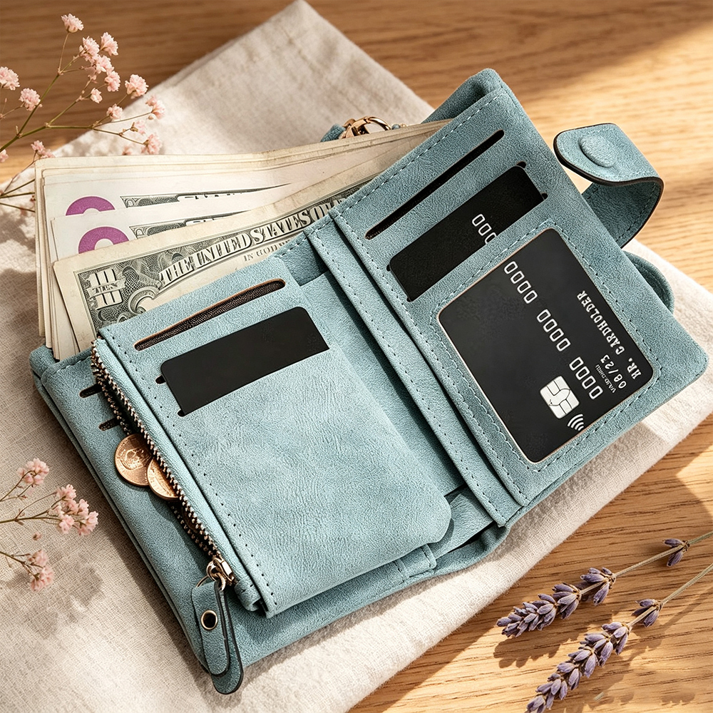 Personalized Floral Highland Cow Leather Tri-Fold Wallet with Card Holder & Wrist Strap – Custom Name Gift for Women