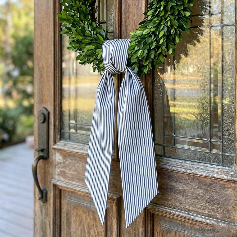 Personalized Green Striped Wreath Sash, Custom Text Outdoor Wreath Bow, Fall Front Door Decor