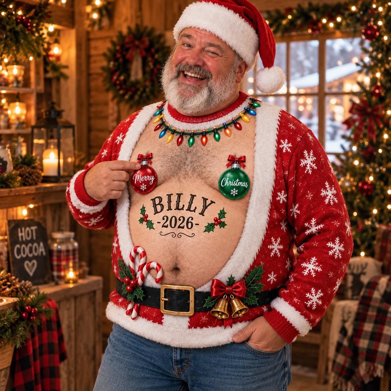 Personalized name detail on Santa Belly Christmas Sweater