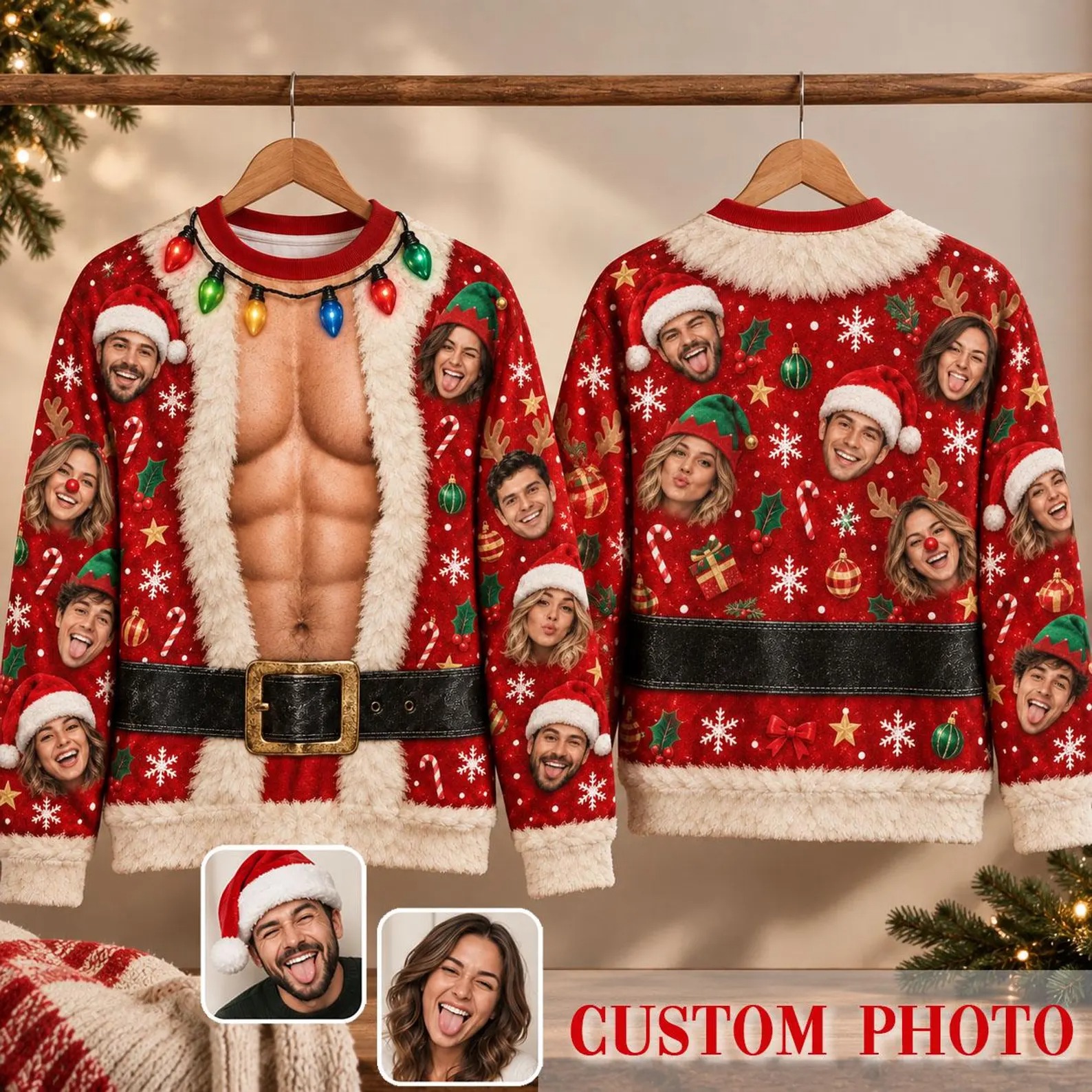 Personalized Face Santa Claus Christmas Sweatshirt, Funny Custom Face Ugly Christmas Shirt, Novelty Holiday Gift
