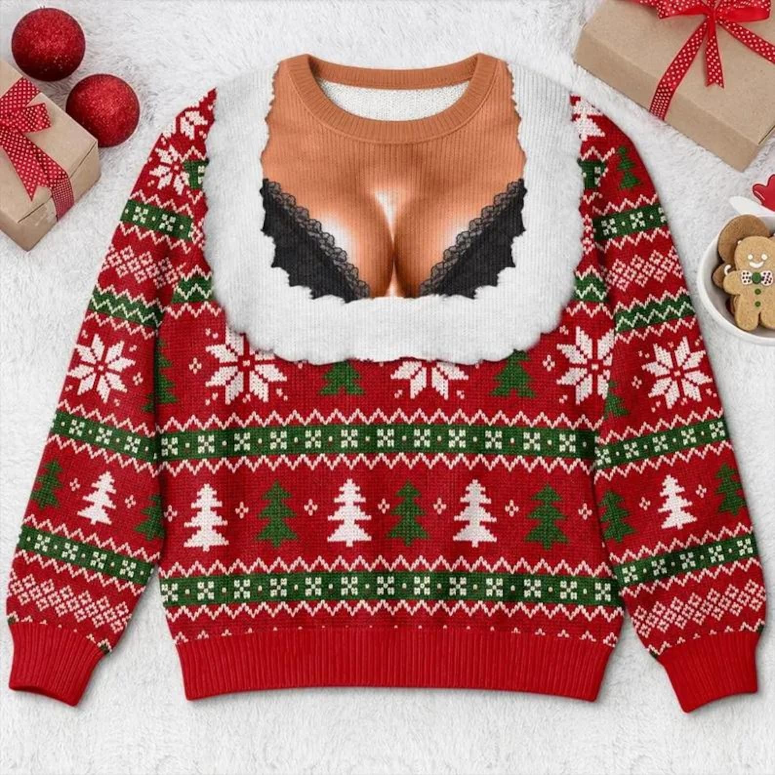 Funny Chest Cleavage Christmas Sweater, Naughty Ugly Christmas Sweater, Novelty Holiday Party Pullover, Funny Christmas Gift