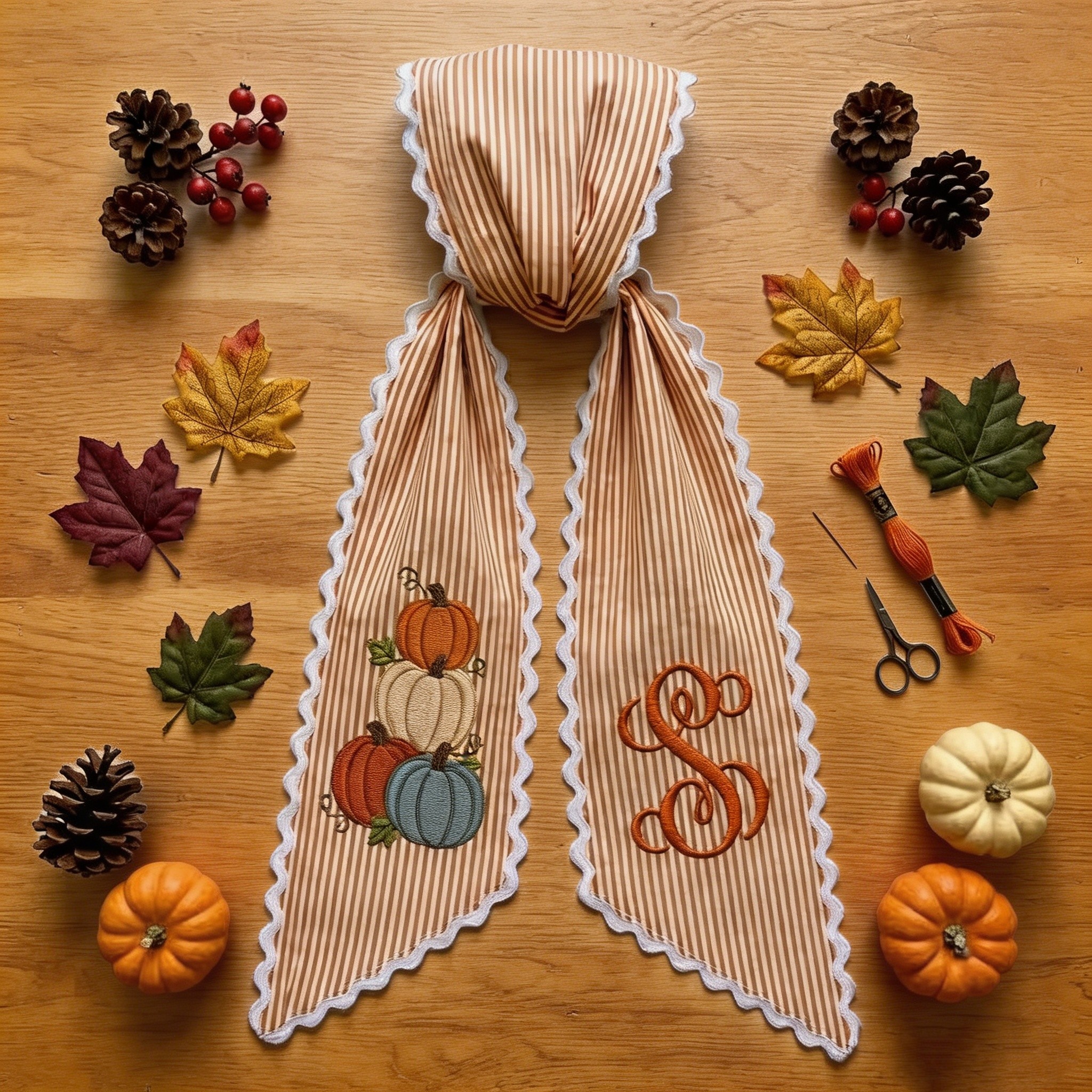 Personalized Pumpkin Wreath Sash, Embroidered Initial Fall Door Decor, Toile Front Door Bow