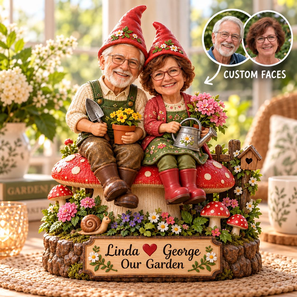 Personalized Garden Gnome Couple Wooden Block, Custom Name Garden Decor, Anniversary Gift for Couples, Grandma and Grandpa Gift
