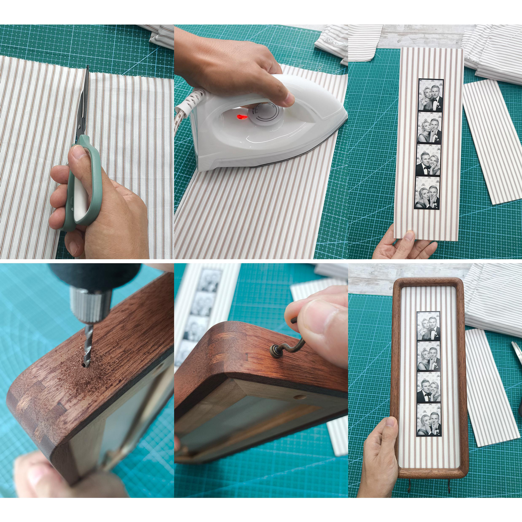 Personalized Photo Booth Strip Frame with Fabric Mat & Key Hooks