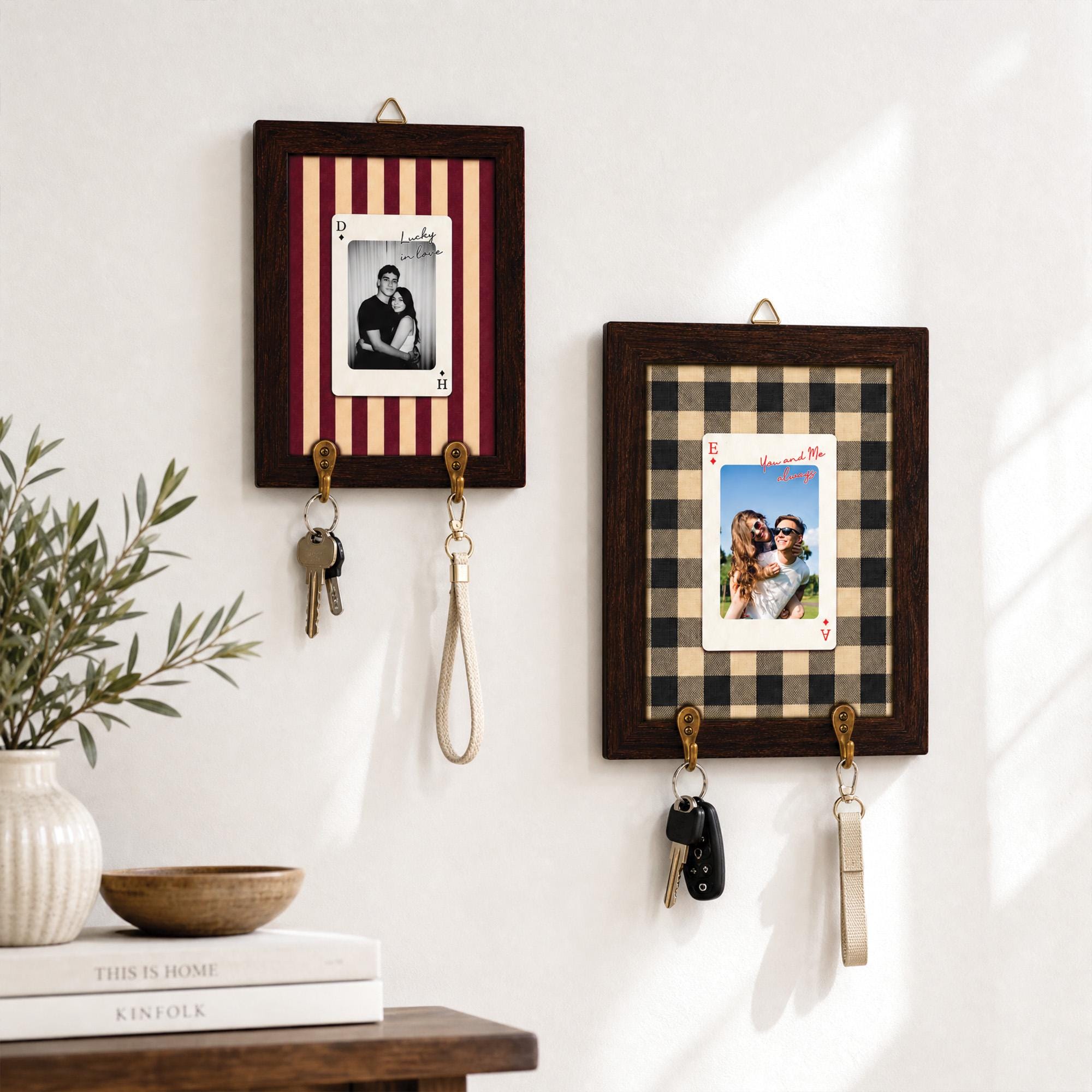 Personalized Striped Wooden Photo Key Holder, Custom Photo Strip Wall Decor, Couple Keepsake Gift