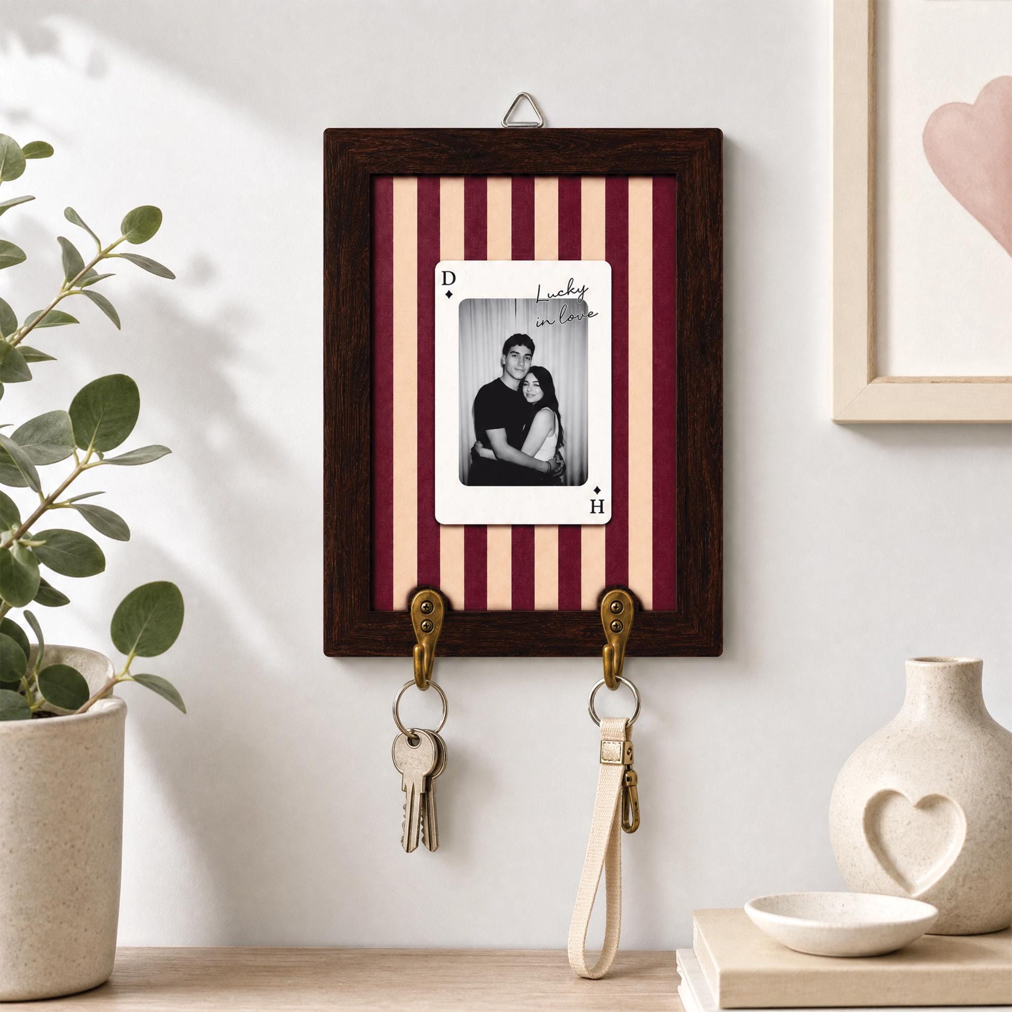 Personalized Striped Wooden Photo Key Holder, Custom Photo Strip Wall Decor, Couple Keepsake Gift