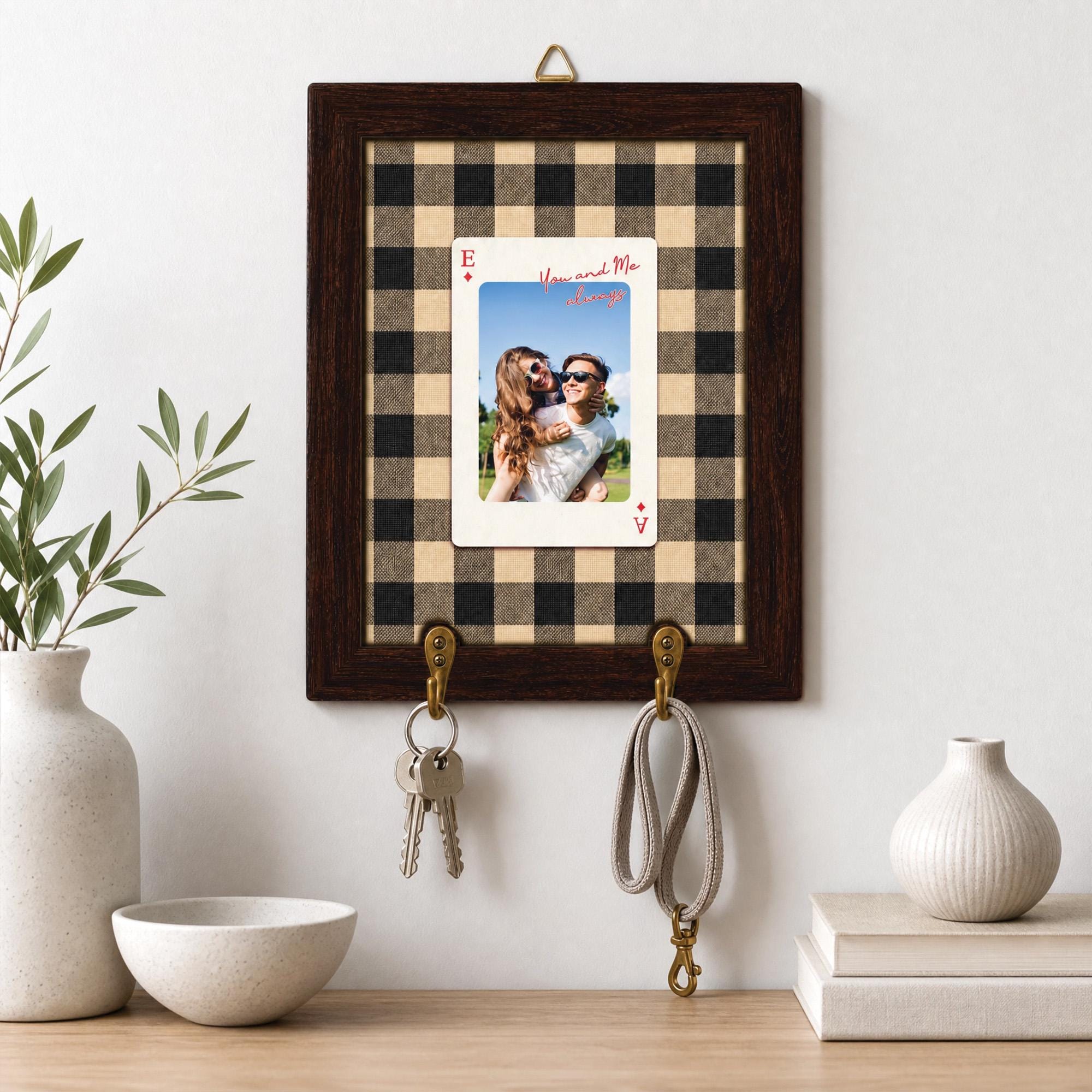 Personalized Striped Wooden Photo Key Holder, Custom Photo Strip Wall Decor, Couple Keepsake Gift