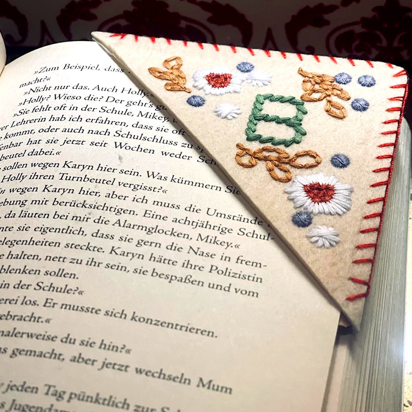 Personalized handmade embroidered floral corner bookmark
