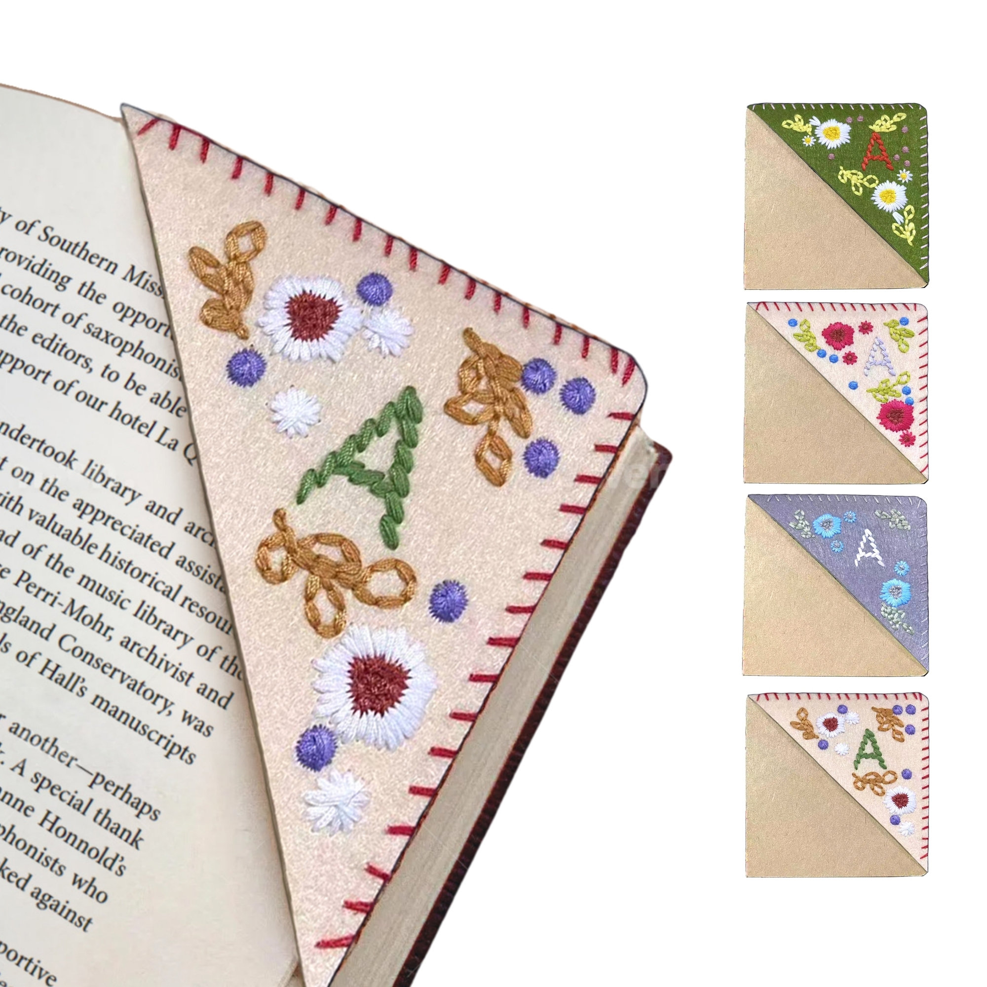 Personalized Handmade Embroidered Corner Bookmark, Custom Floral Felt Page Marker, Personalized Initial Bookmark, Gift for Book Lovers