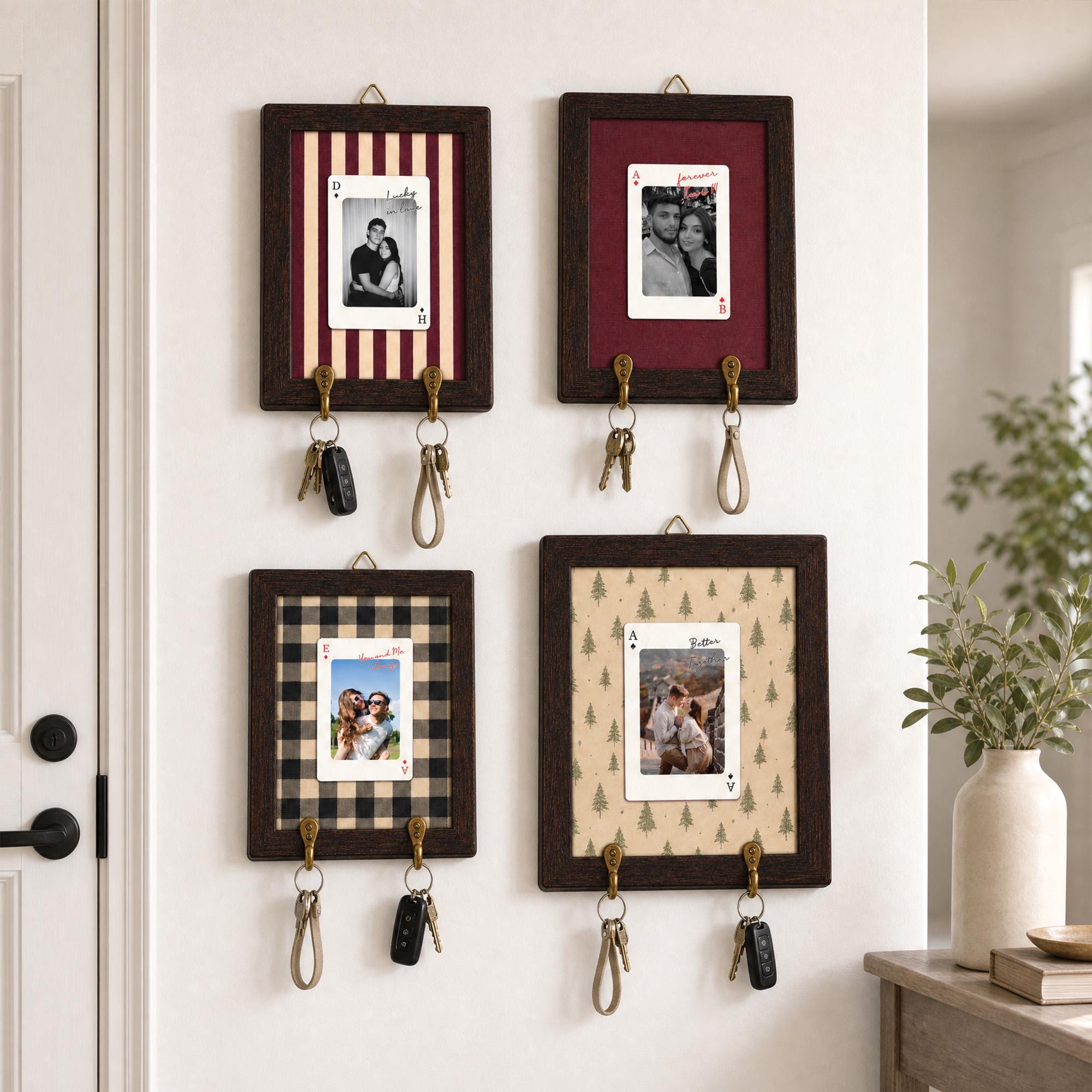 Personalized Striped Wooden Photo Key Holder, Custom Photo Strip Wall Decor, Couple Keepsake Gift