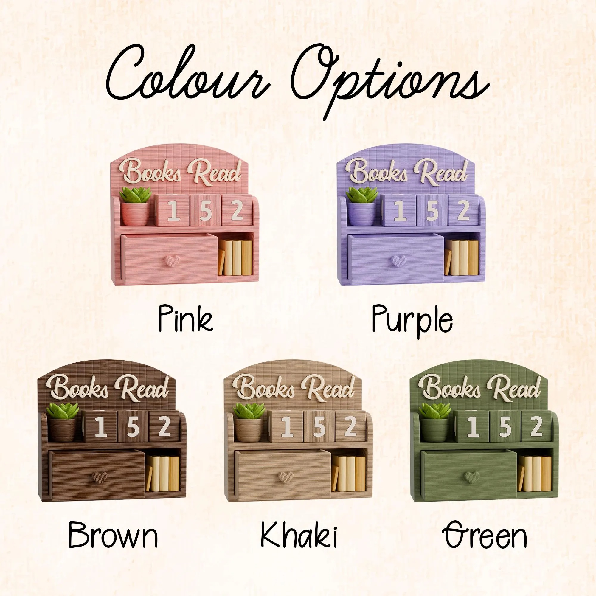 Available colors and options for the 3D printed book tracker