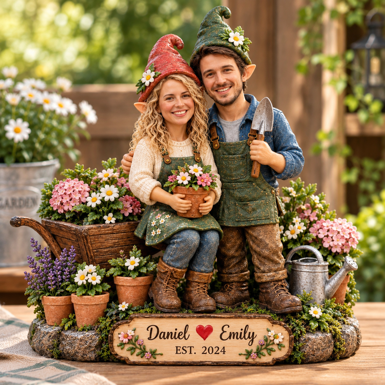 Personalized gardening couple figurine with flowers, garden accessories, and custom name plaque