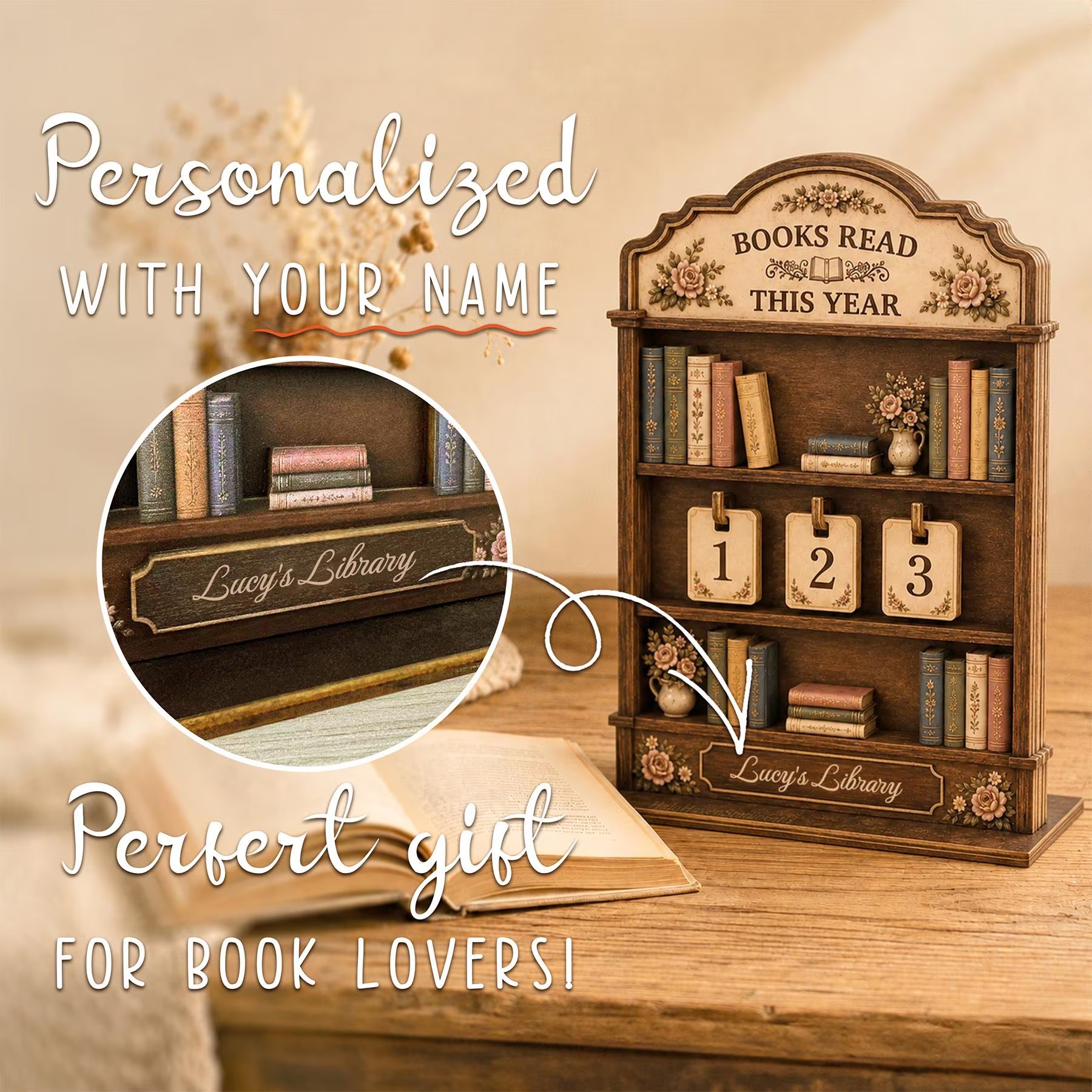 Personalized Wooden Book Tracker, Books Read This Year Counter, Custom Reading Nook Decor
