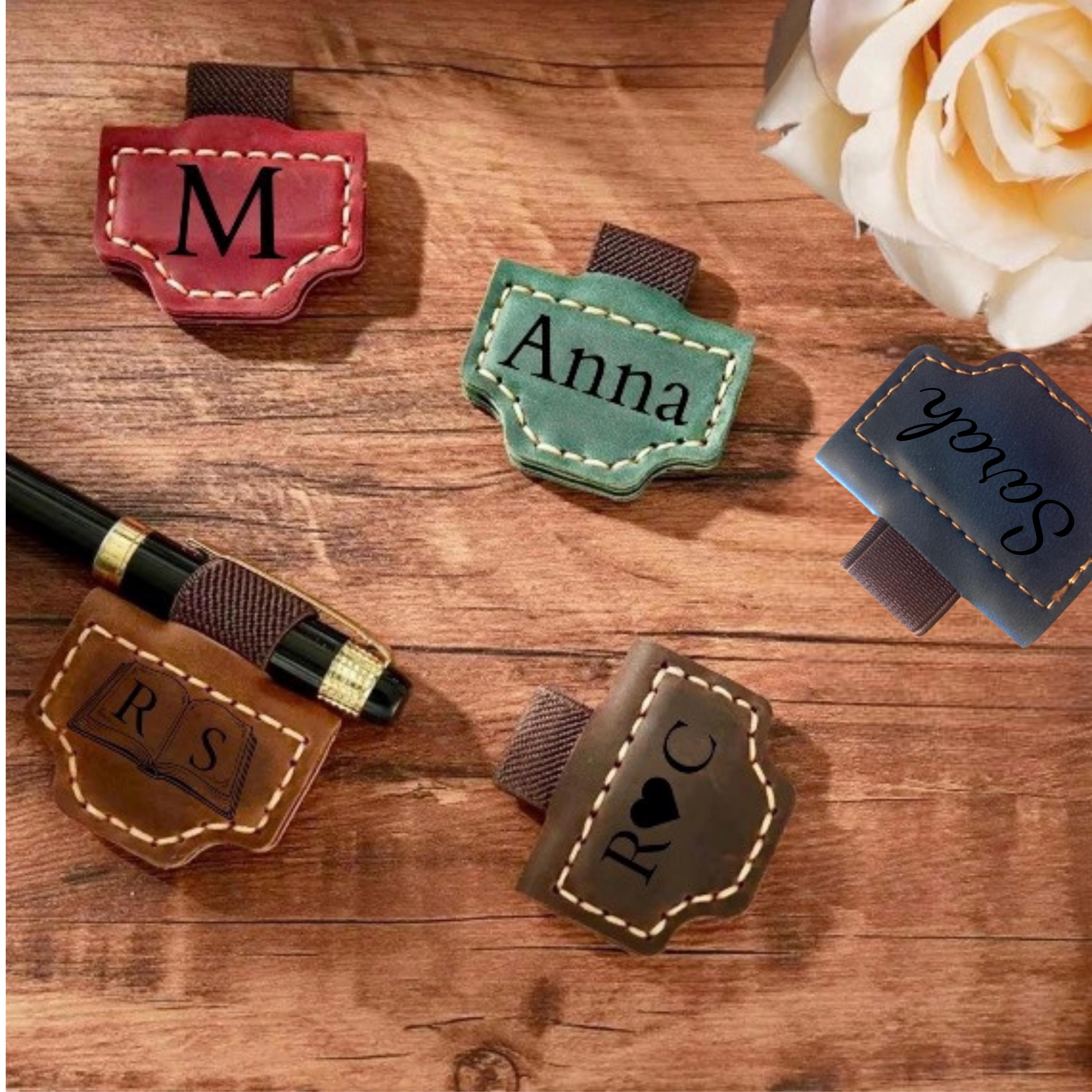 Personalized magnetic leather bookmark with pen holder