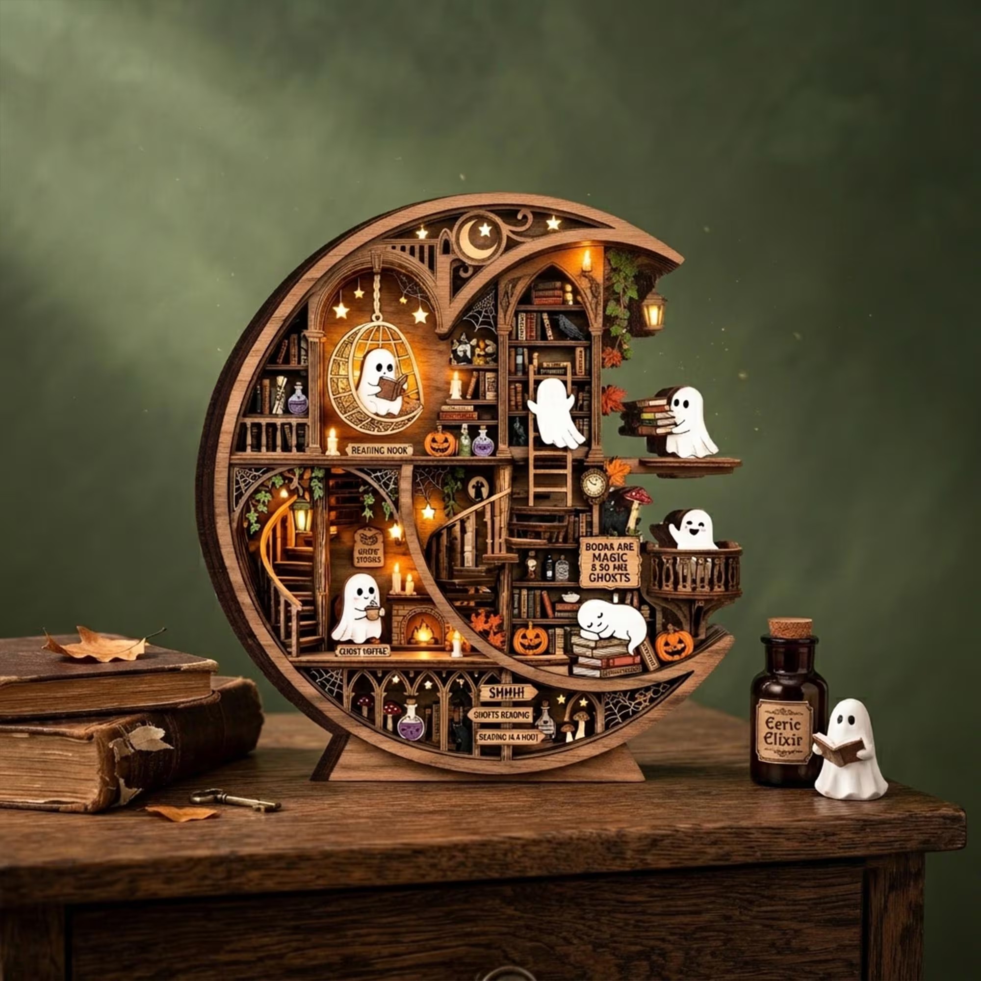 Halloween Ghost Library Decor, Reading Ghost Wooden Block, Spooky Bookshelf Decor for Book Lovers