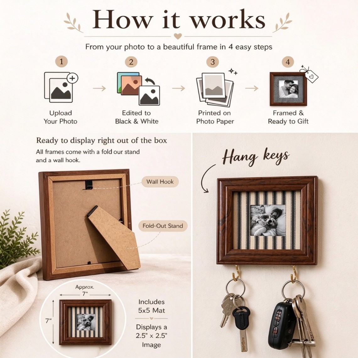 Personalized Photo Frame Key Holder, Fabric Mat Picture Frame with 2 Hooks, Custom Photo Wall Decor, Housewarming Gift