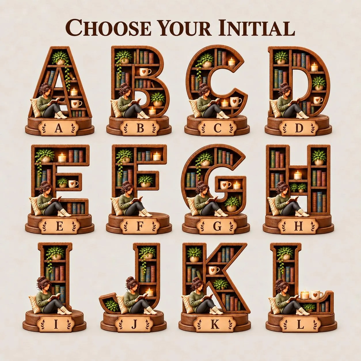 Personalized Initial Reading Corner Sign, Custom Wooden Bookshelf Decor for Book Lovers