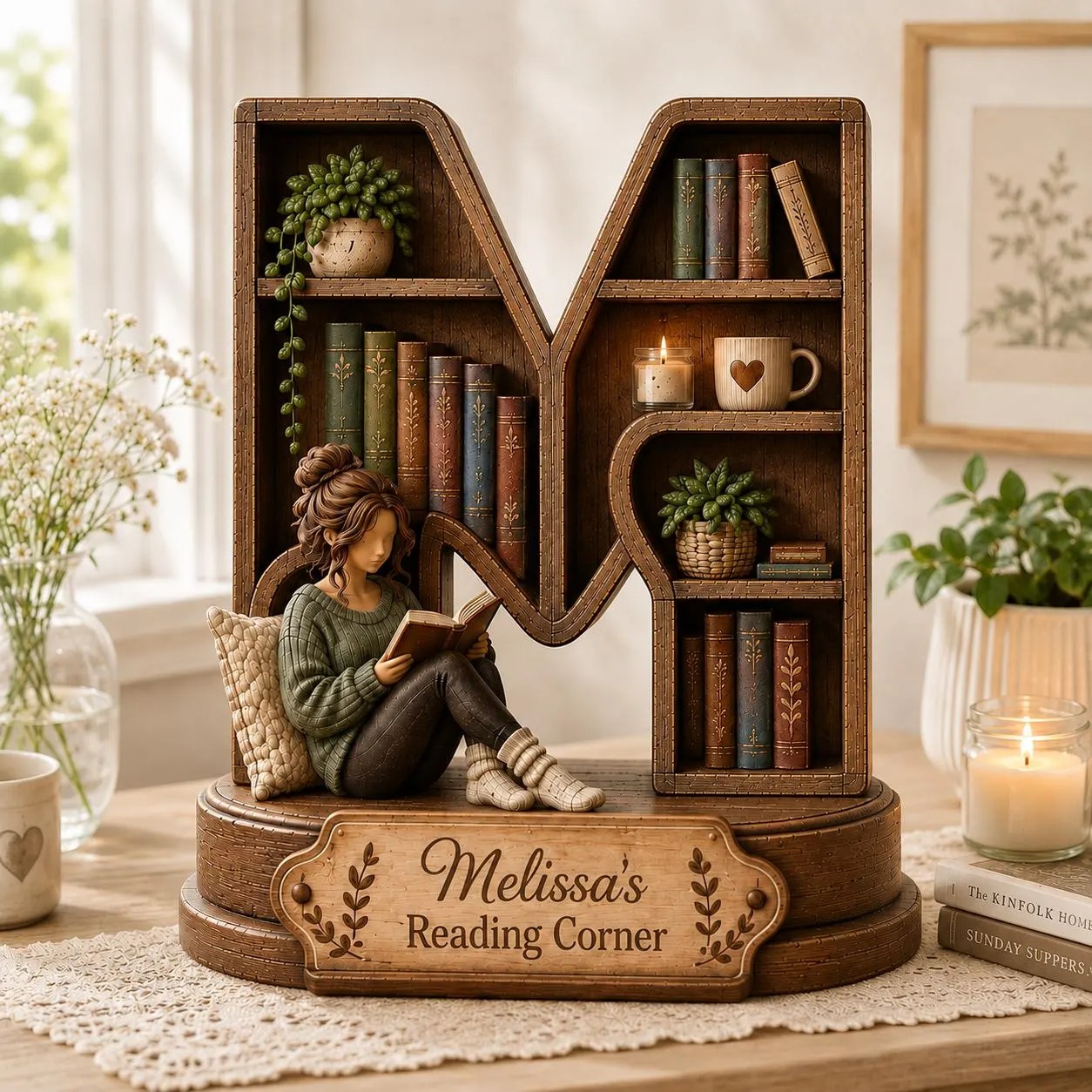 Personalized Initial Reading Corner Sign, Custom Wooden Bookshelf Decor for Book Lovers