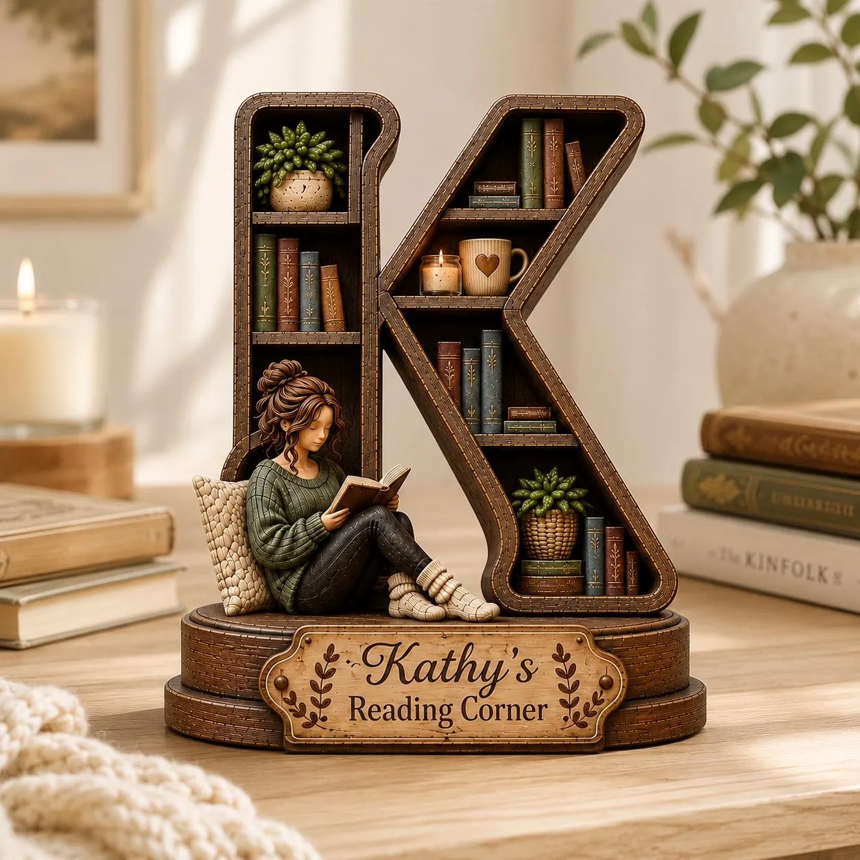 Personalized Initial Reading Corner Sign, Custom Wooden Bookshelf Decor for Book Lovers