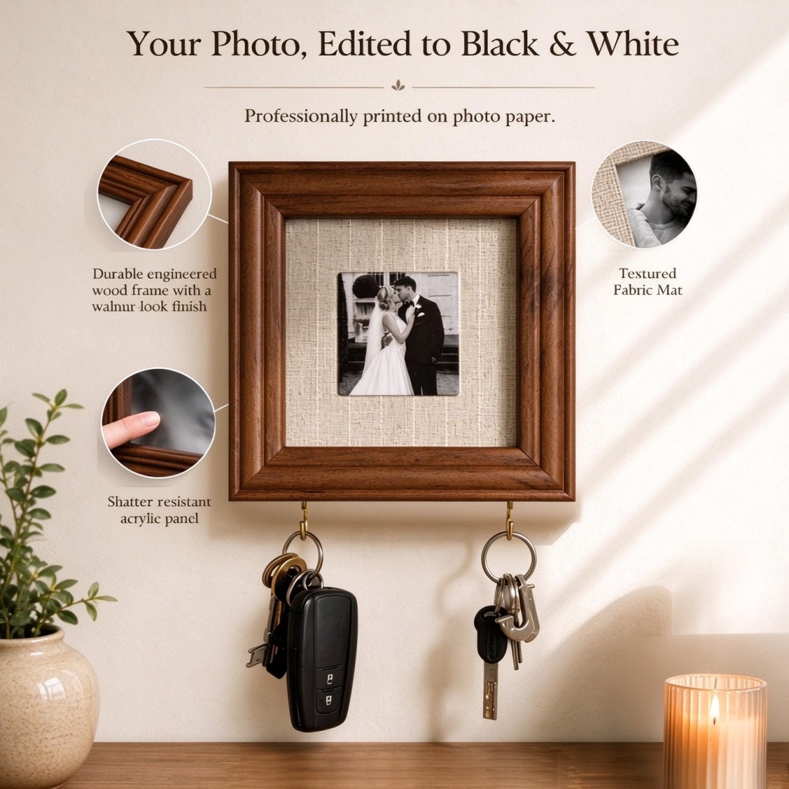 Personalized Photo Frame Key Holder, Fabric Mat Picture Frame with 2 Hooks, Custom Photo Wall Decor, Housewarming Gift