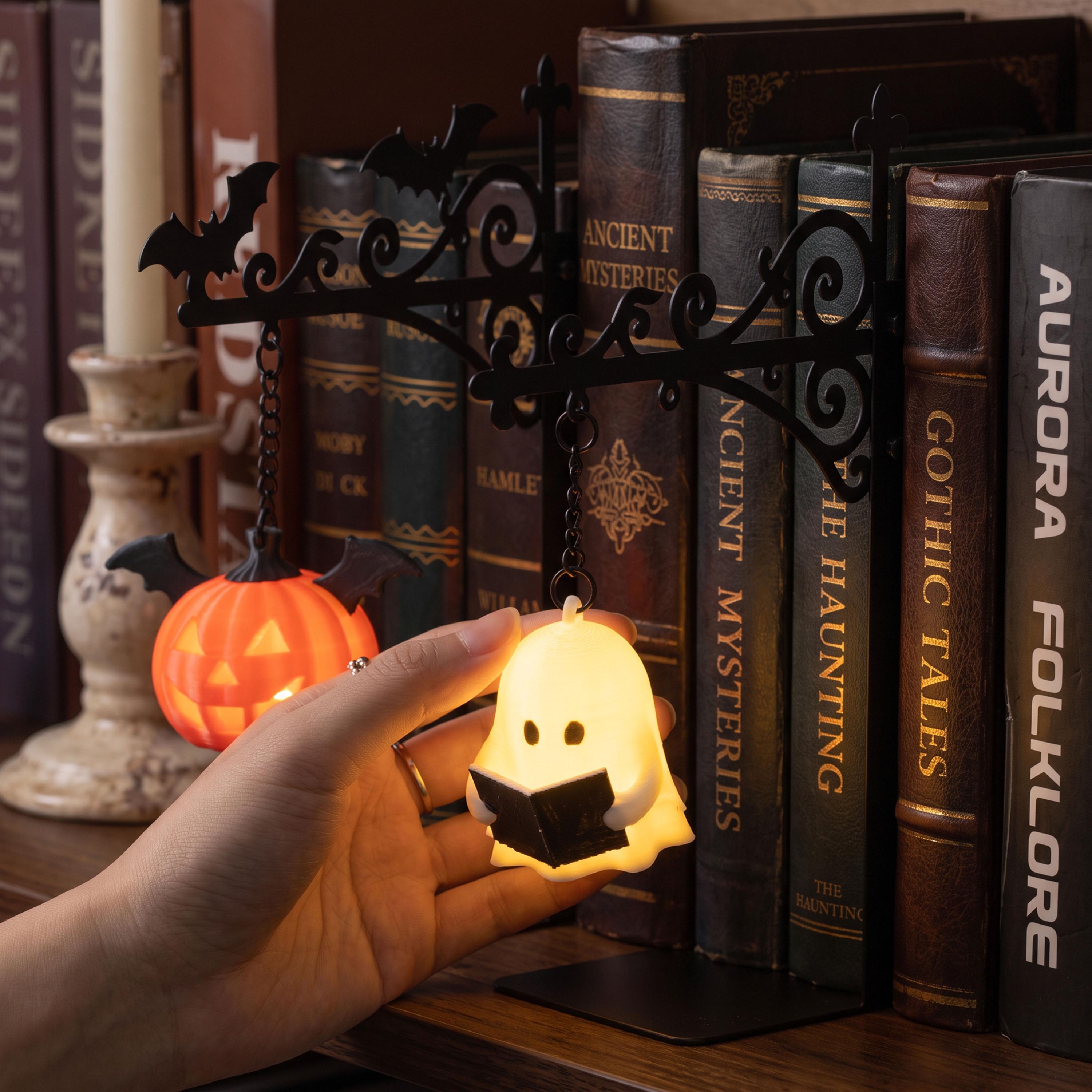 Halloween Ghost Bookshelf Lantern, Hanging Ghost Bookend & Spooky Book Nook Decor