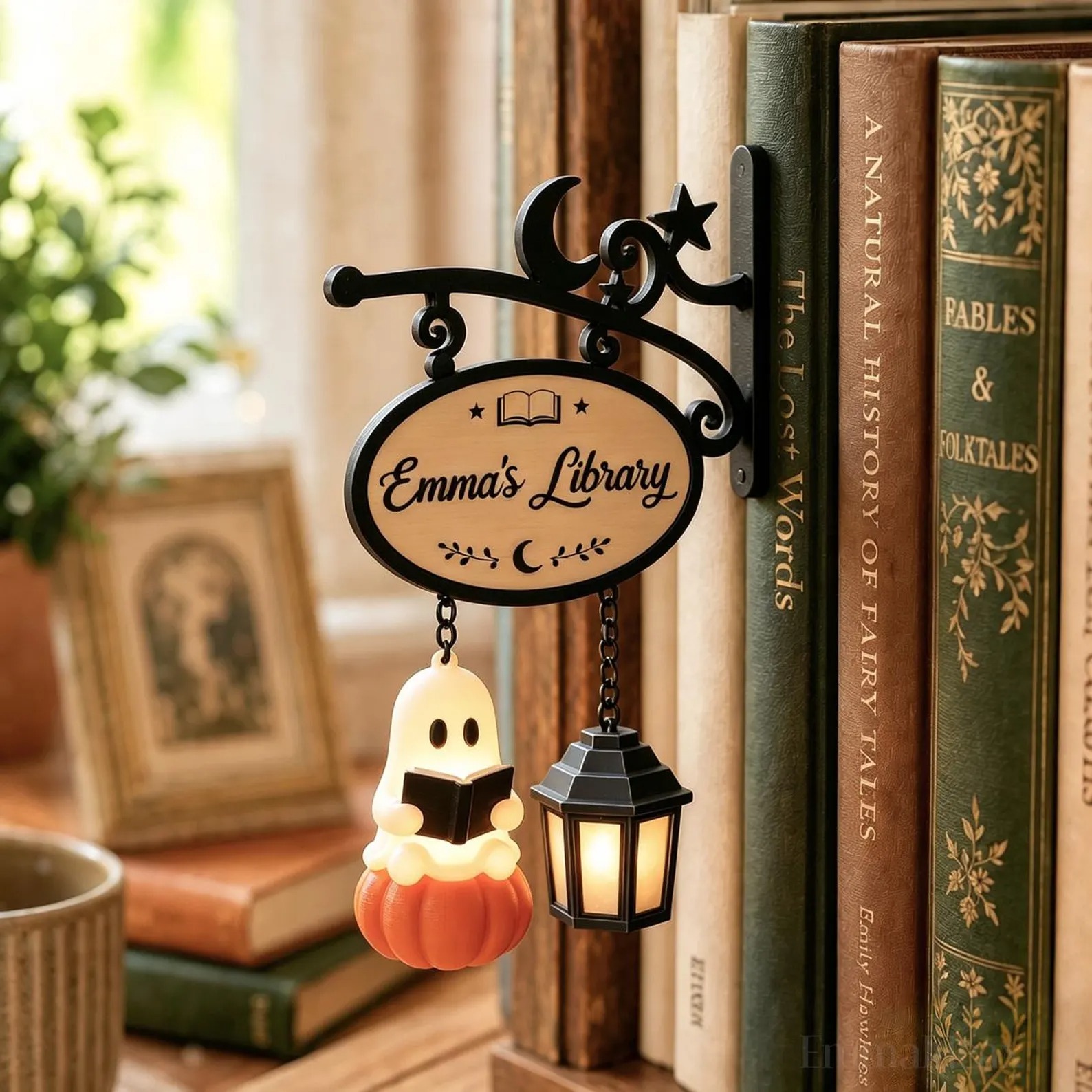 Personalized Ghost Bookshelf Lamp, Custom Library Sign with Warm Light, Cozy Book Nook Decor, Book Lover Gift