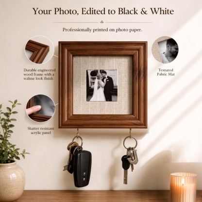 Personalized Photo Frame Key Holder, Fabric Mat Picture Frame with 2 Hooks, Custom Photo Wall Decor, Housewarming Gift