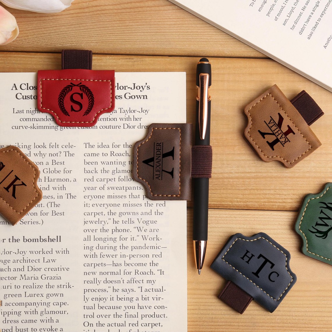 Personalized magnetic leather bookmark with pen holder