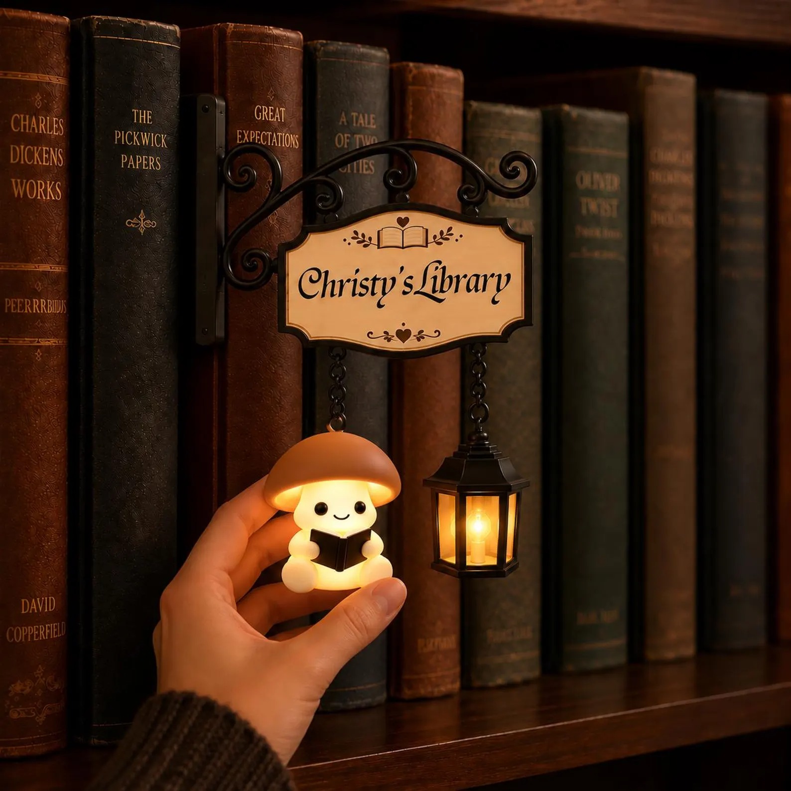 Mushroom book nook decoration with miniature lantern