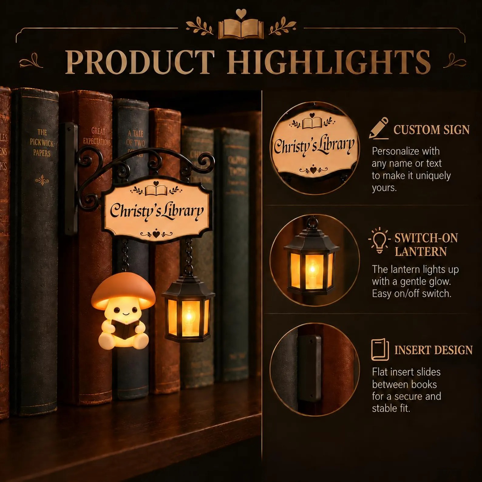 Personalized Mushroom Book Nook Light, Custom Shelf Sign, Cozy Reading Corner Decor, Book Lover Gift