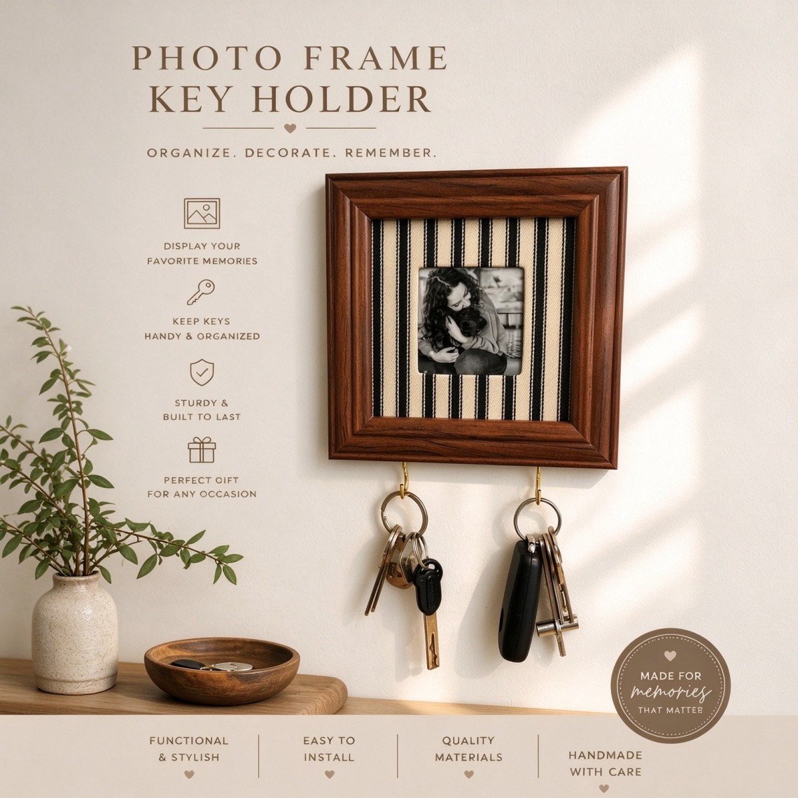Personalized Photo Frame Key Holder, Fabric Mat Picture Frame with 2 Hooks, Custom Photo Wall Decor, Housewarming Gift