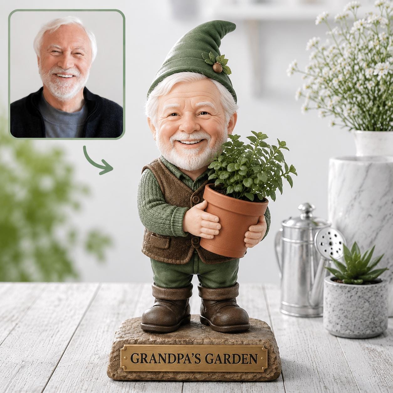 Personalized Grandpa Gnome Wooden Block, Custom Photo Garden Decor, Unique Grandpa Gift