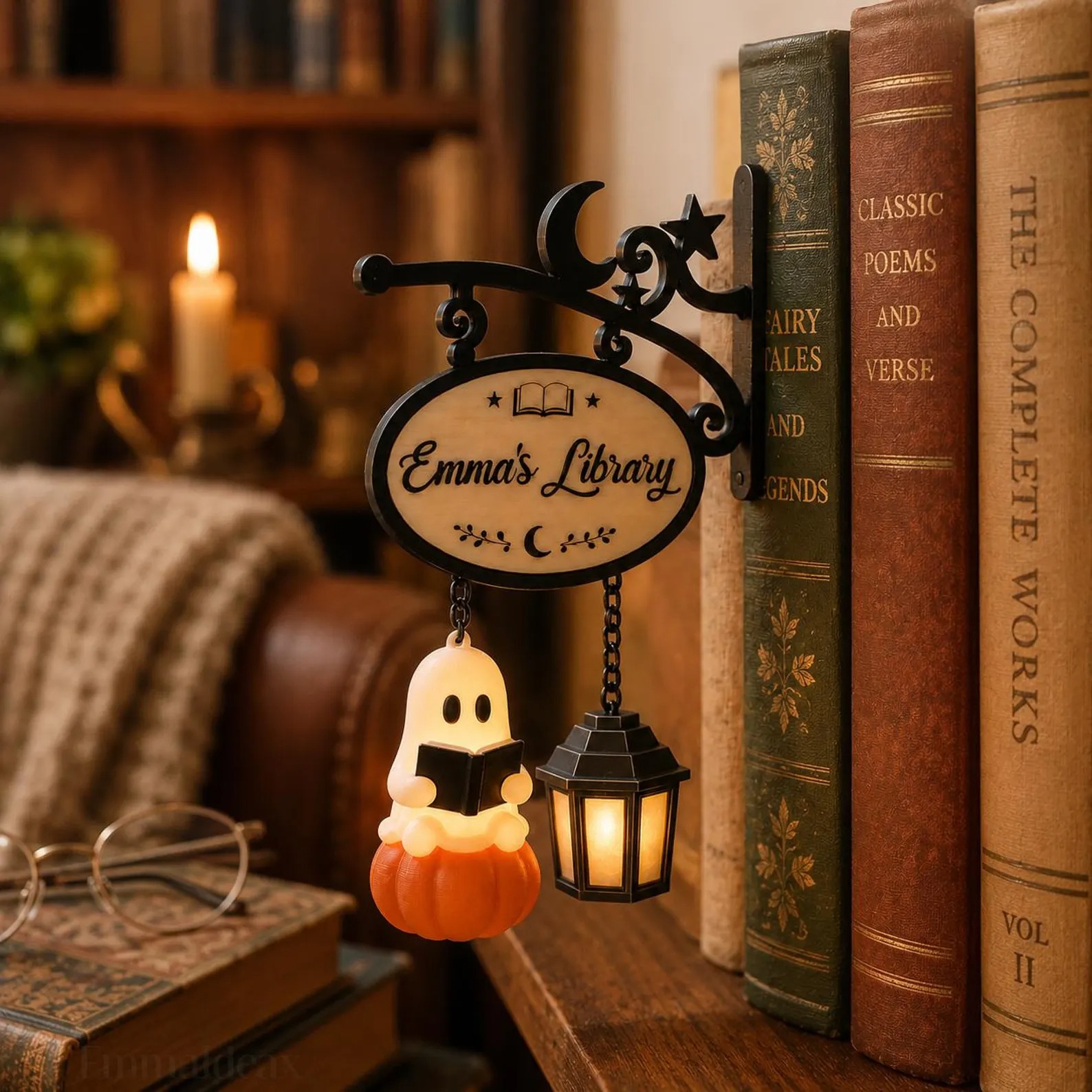 Personalized Ghost Bookshelf Lamp, Custom Library Sign with Warm Light, Cozy Book Nook Decor, Book Lover Gift
