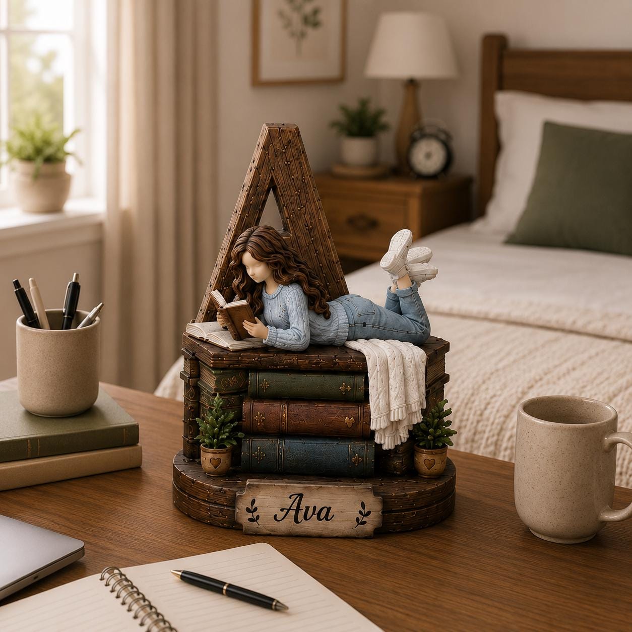 Personalized Book Lover Figurine, Custom Initial & Name Wooden Shelf Decor